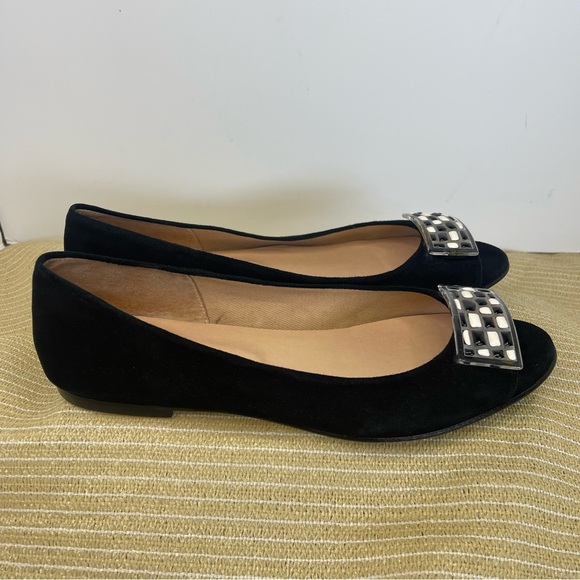 French Sole FS/NY Black ballet Flats with checkerboard buckle. - Picture 2 of 9